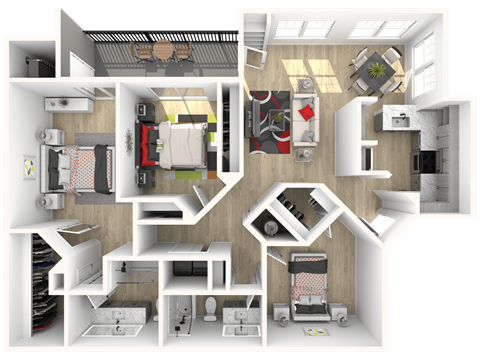 A 3D floor plan of a house with various rooms and furniture.